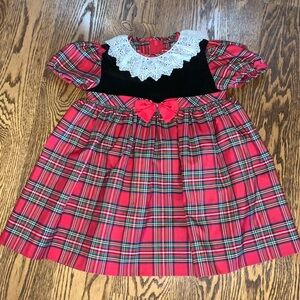 Red Tartan Plaid Baby Dress 18 Months Black Velvet Bodice Christmas Puff Sleeve